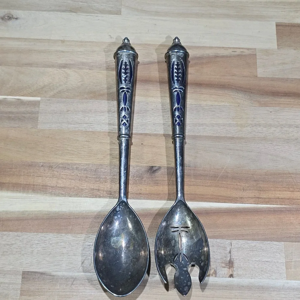 Vintage Silver Plate Blue Guilloche Enamel Salad Servers Set‎ 10.5